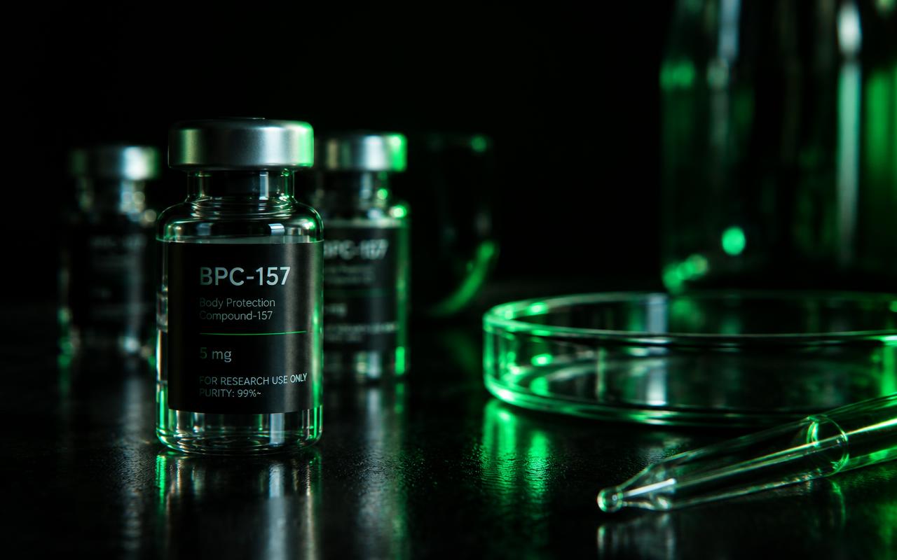 Glass research vials on a dark lab bench